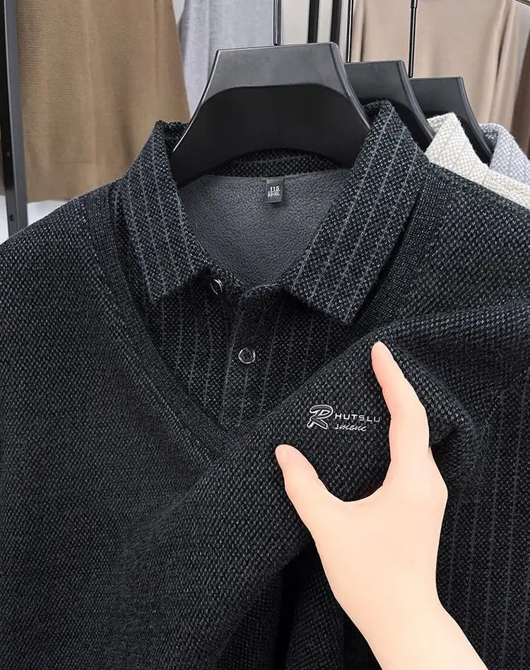 Men's Plush Sweater Autumn Winter Fashion Button Lapel Striped Pullovers Business Casual Fleece Lined Knitted Thickened Sweaters