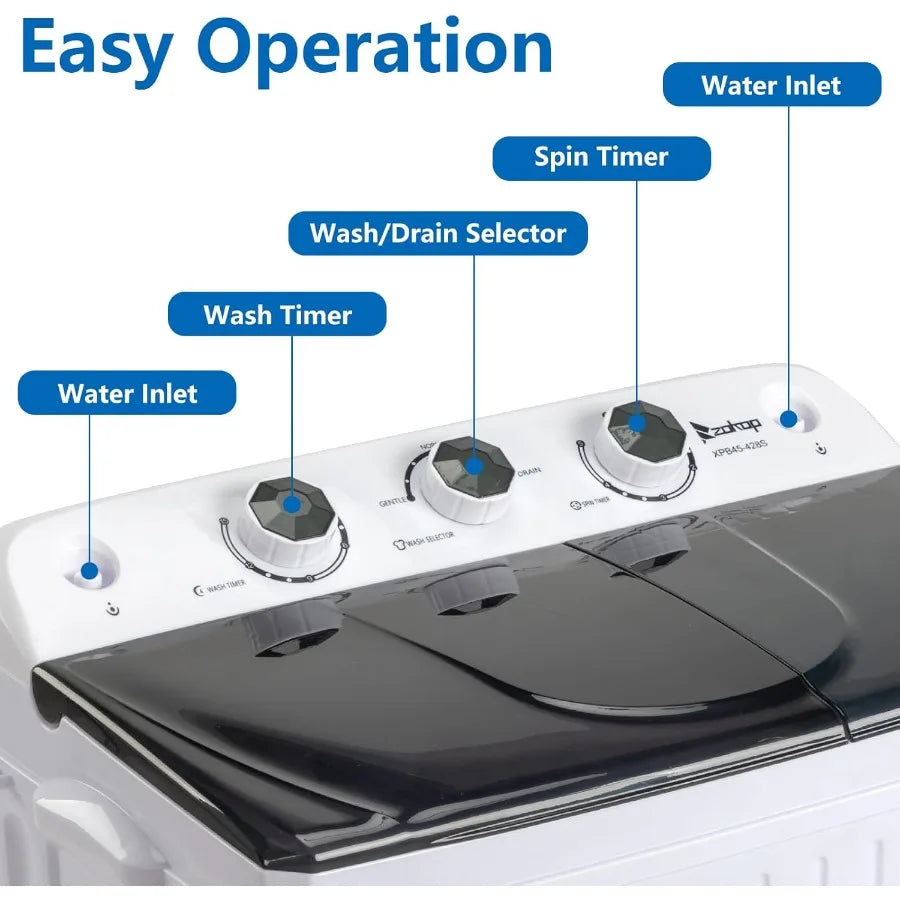 20LBS Portable Washing Machine Compact Mini Washer Machine Dryer Combo Built-in Gravity Drain Small Twin Tub Washer with Spin C
