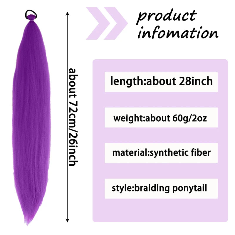 Synthetic Purple Hair Ponytail with Elastic Rubber Band Long Yaki Straight Ponytail for DIY Braiding for Christmas Halloween Use
