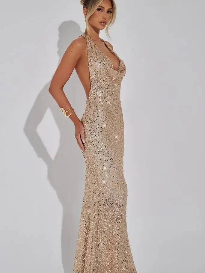 Giyu Sexy Glitter Sparkle Sequined Club Evening Party Dresses Women 2025 Summer Autumn Halter Backless Bodycon Maxi Long Dress
