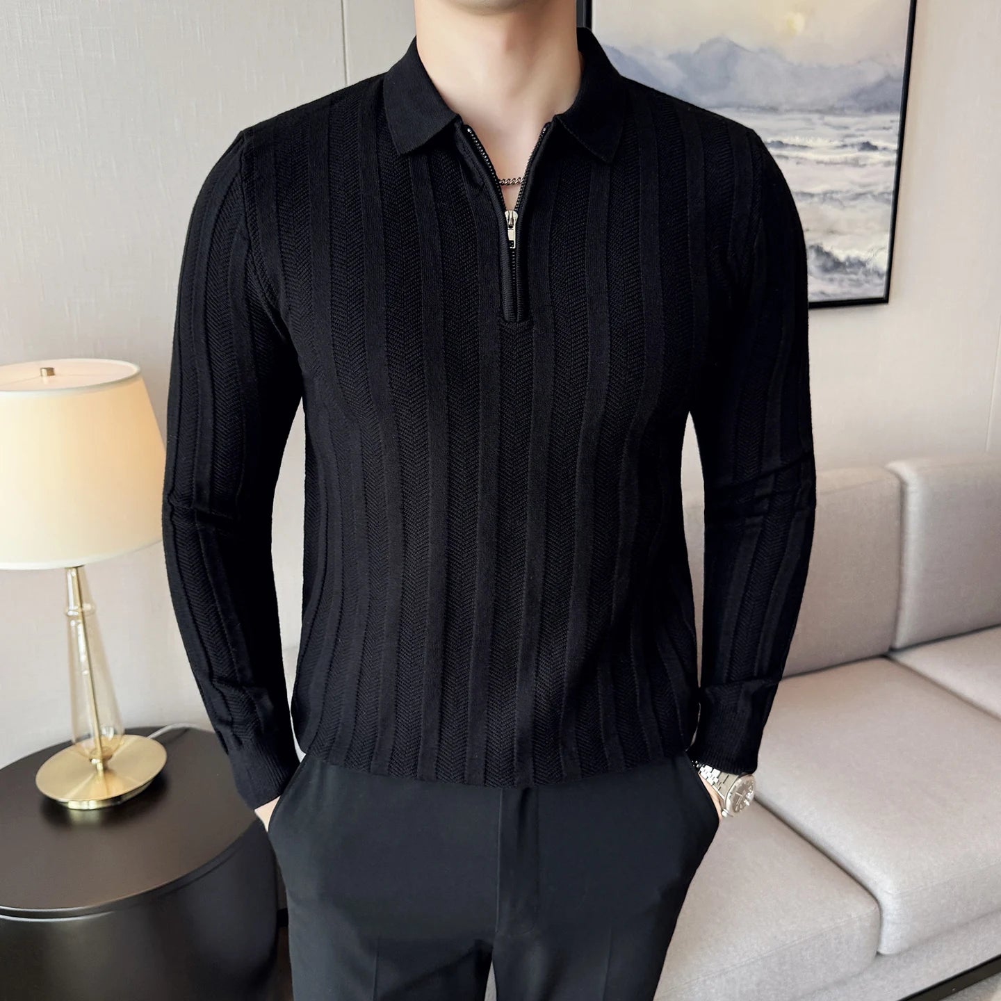 Men's Zip-Front Knit Sweater - White Polo Collar (Black/Burgundy/Cream) M-4XL Soft Touch Autumn Winter Casual Style