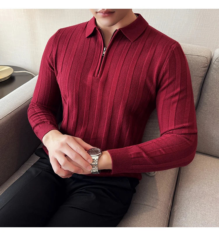 Men's Zip-Front Knit Sweater - White Polo Collar (Black/Burgundy/Cream) M-4XL Soft Touch Autumn Winter Casual Style
