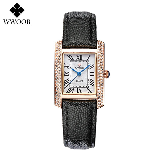 WWOOR Elegant Women's Watches Square Diamond Ladies Watch Waterproof Luxury Brand Leather Quartz Bracelet Watches Zegarek Damski