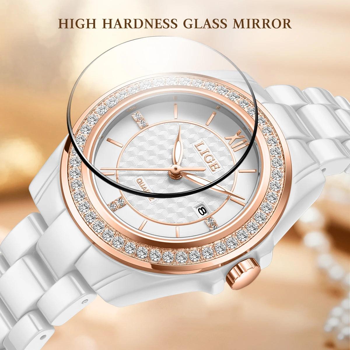 New LIGE Fashion Quartz Watch for Women Ceramics Strap Waterproof Date Women's Watches Elegant Luxury Diamond Ladies Wristwatch