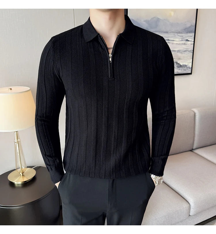 Men's Zip-Front Knit Sweater - White Polo Collar (Black/Burgundy/Cream) M-4XL Soft Touch Autumn Winter Casual Style