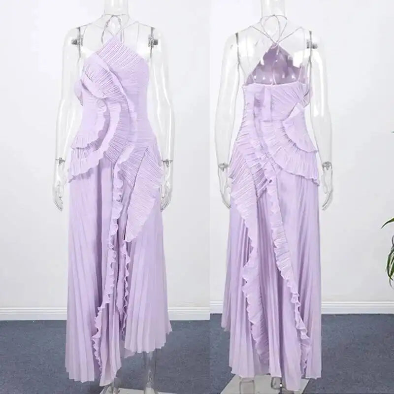 Giyu Sexy Evening Party Dresses Women Summer Halter Prom Gown Ruffles Lotus Edge Tiered Backless Robe Elegant Chiffon Long Dress