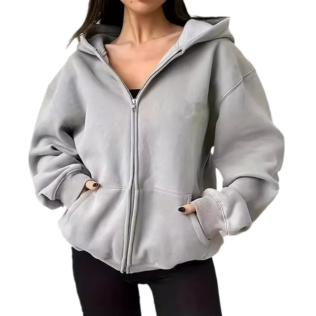 Plus Size Thick Zip-Up Hoodie Coat – Ribbed Pocket Sweatshirt Jacket