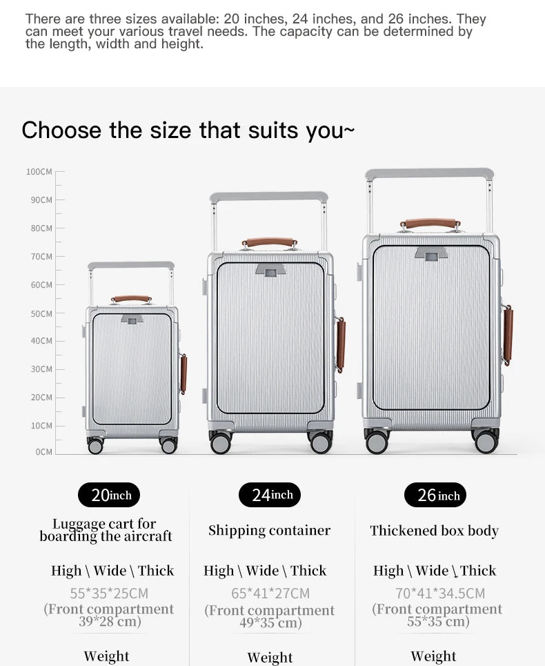 SUSHIMU Wide Trolley Luggage Front Opening Multi-Functional Women 20-Inch Small Lightweight Boarding Box 24-Inch Men's Suitcase