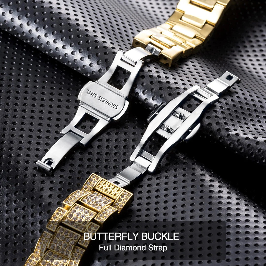 MISSFOX Men’s Luxury Bling Quartz Watch | 42mm, Calendar, 3ATM Water-Resistant, Gold-Tone Stainless Steel