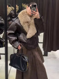 Vintage Fur Collar Women Leather Jacket Lapel V-neck Full Sleeve Double Breasted Bomber Jackets Lady Winter High Street Outwear