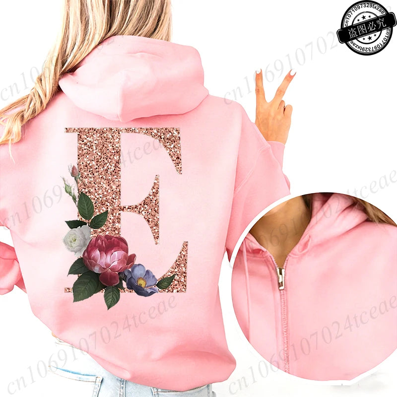 Women Zip Up Hoodies Rose Gold Letter A~Z Zipper Jackets Coats Autumn Winter Hoody Sweatshirt Fashion Casual Zip Pink Hoodie Top