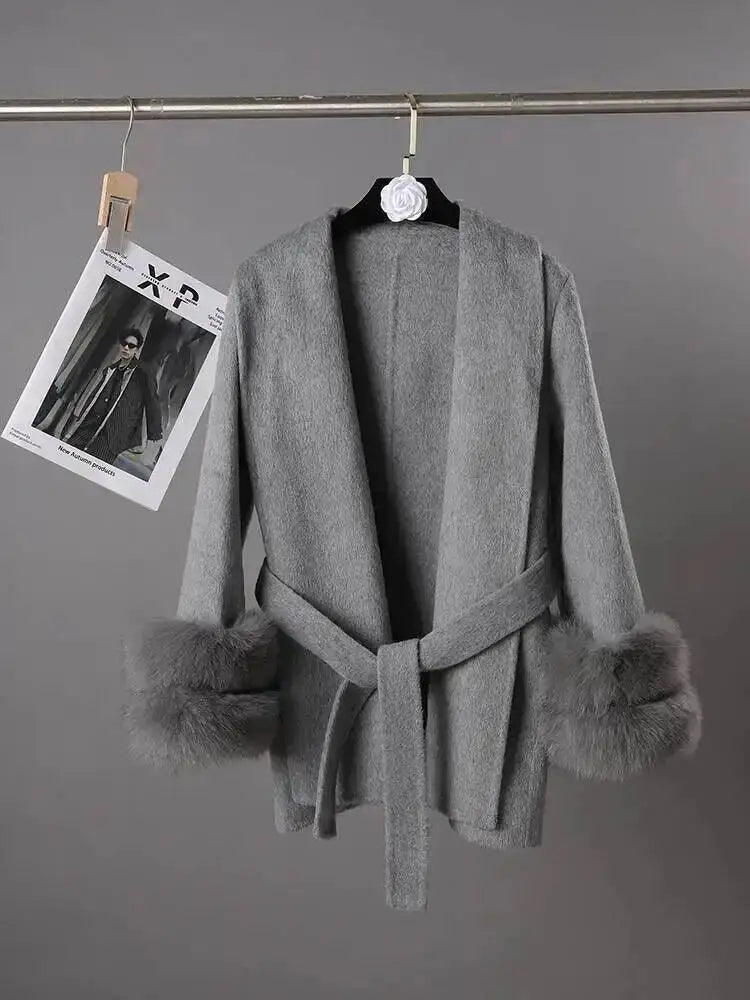 UCXQ Elegant OL Office Lady Overcoats Fur Patchwork Long Sleeve Woolen Coat Beautiful Women's Clothing Jacket Autumn 2025 Winter
