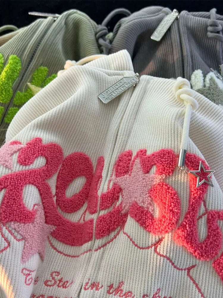 Fashion Embroidery Zip Up Hoodies Women Autumn Long Sleeve Tops Loose Hood Shirt Harajuku Y2K Clothes Female Sweatshirt Jacket