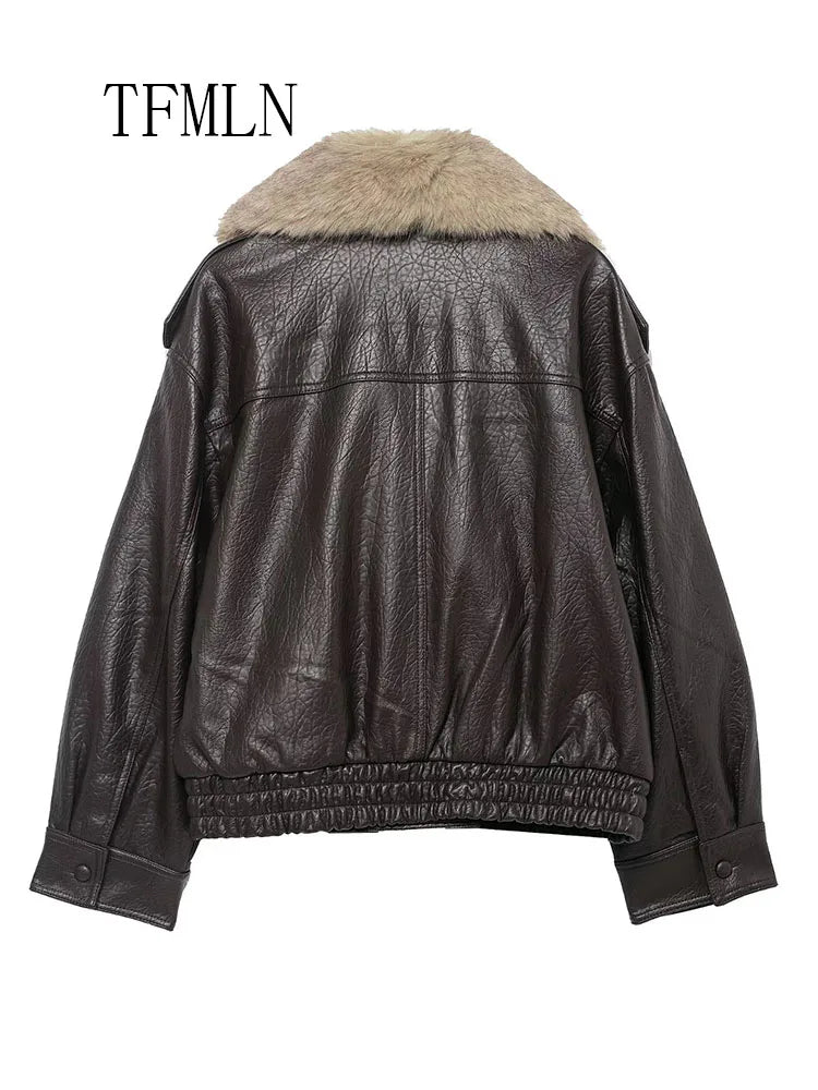 TFMLN 2025 Winter Women Loose Faux Leather Jacket Fashion Removed Big Fur Collar Causal Coat High Street Double Breasted Outwear