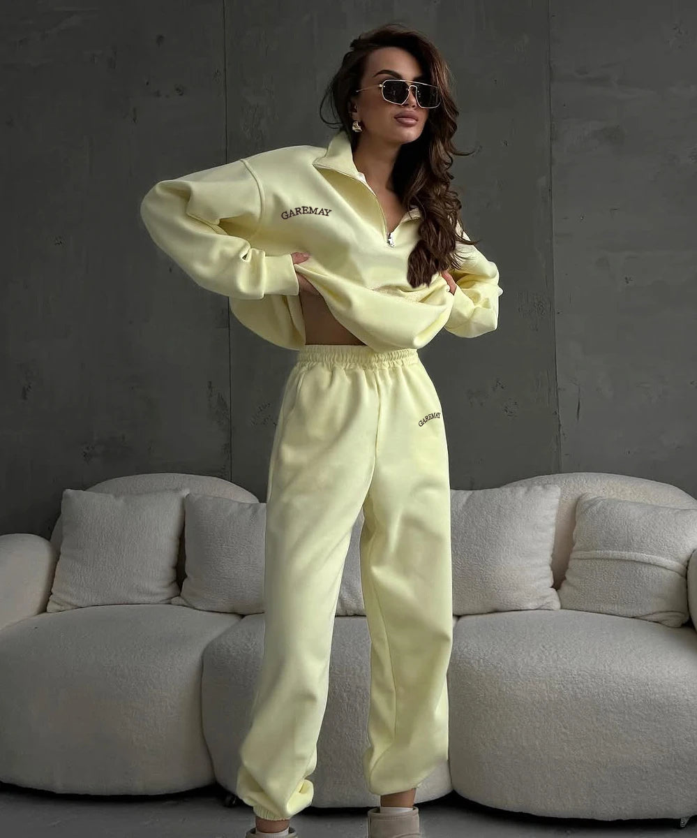 Spring Women's Tracksuit with Zipper Cotton Oversize Classic Pink  Two Piece Set Women Casual  Yellow Trouser Suits for Women