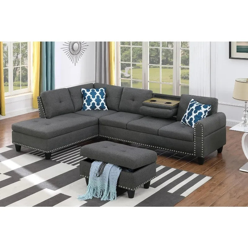 4 Seat Linen Upholstered Sectional Sofa Set 3 PCS W/Cup Holders & Coffee Table,for Home,Office,Dark Gray