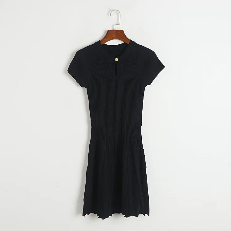 Ribbed Knitting A-line Short Dress Chic Elegant Slim Summer Dress 2025 Short Sleeve Round Neck Fashion New Dresses Vestidos