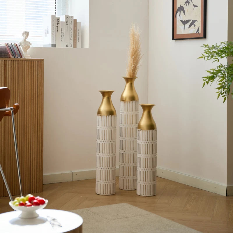 ANGDUO Set of 3 White Metal Floor Vases – Modern Glam Home Décor