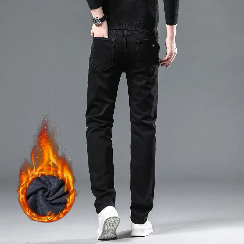 2025 New Winter Men Black Straight Stretch Denim Thick Velvet Pants Warm Jeans Casual Fleece Line Trousers Male Plus Size