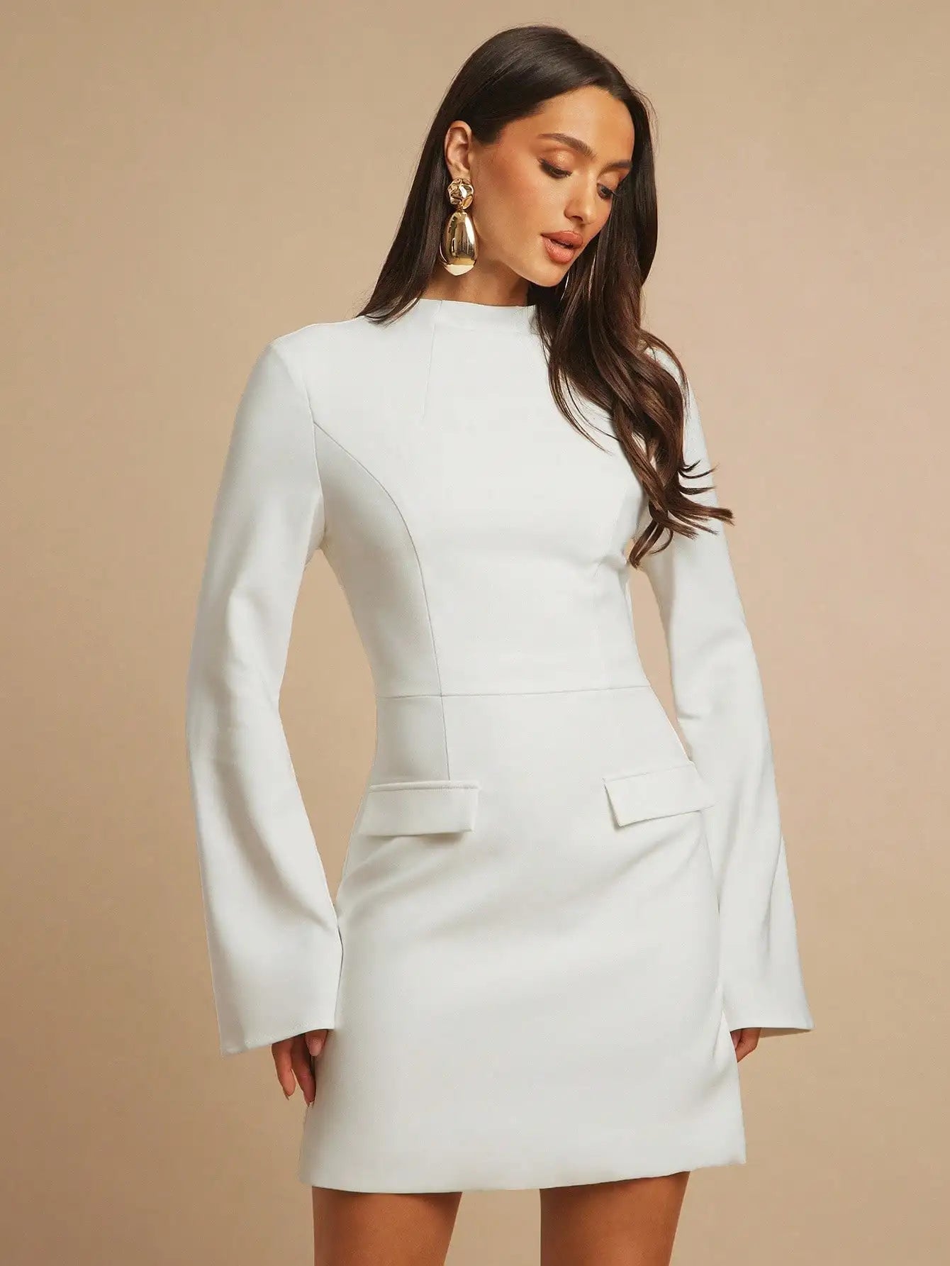 White Long Sleeve Mini Dress with Flared Sleeves and Decorative Pockets, Office Elegant Business Casual