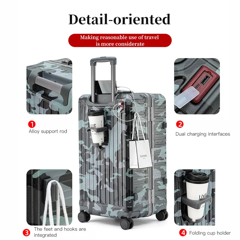 Suitcase Wide Handle Travel Suitcase Men 20 24 26 Carry-On Luggage Women PC Aluminum Frame Trolley Case