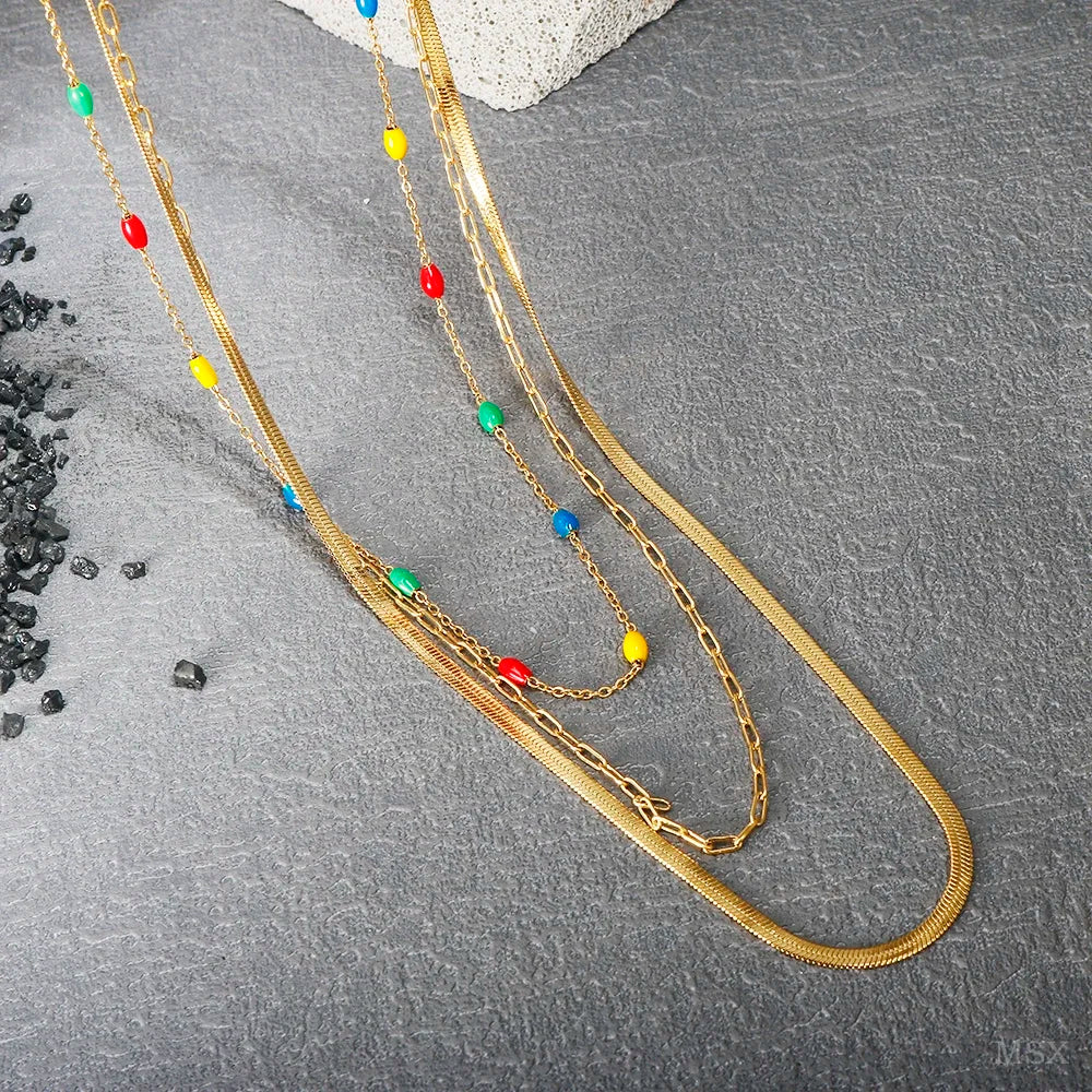 Merci Girl 18K Gold-Plated Triple-Layer Pendant Necklace — Stainless Steel, Waterproof & Colorfast