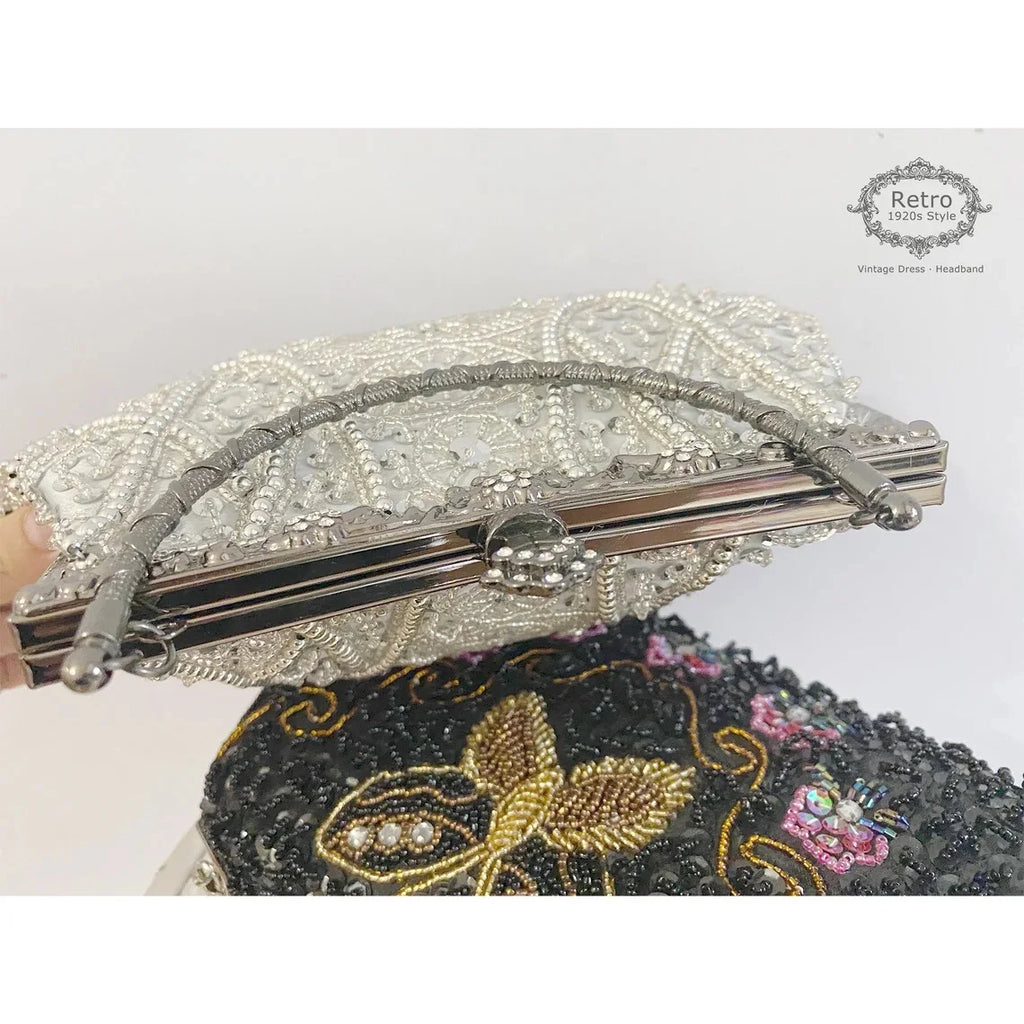Lost in Vintage Clutch Handbag Beaded and Sequin Kiss-lock Closurer Shoulder Bag Crossbody Detachable ChainProm Evening Party