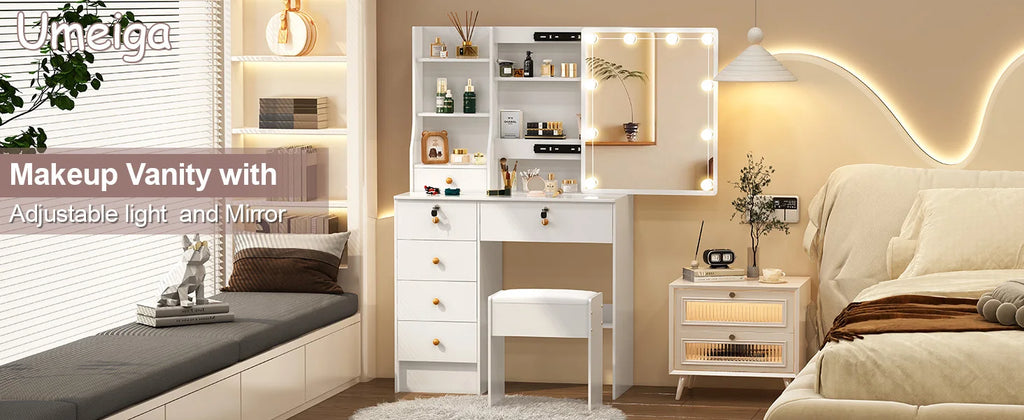 Lighted Vanity Desk Dressing Table Dresser Desk With Stool Set LED Makeup Mirror