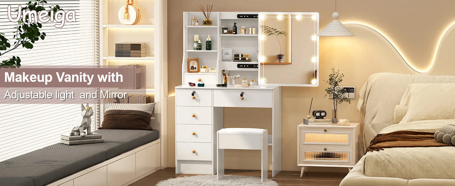 Lighted Vanity Desk Dressing Table Dresser Desk With Stool Set LED Makeup Mirror