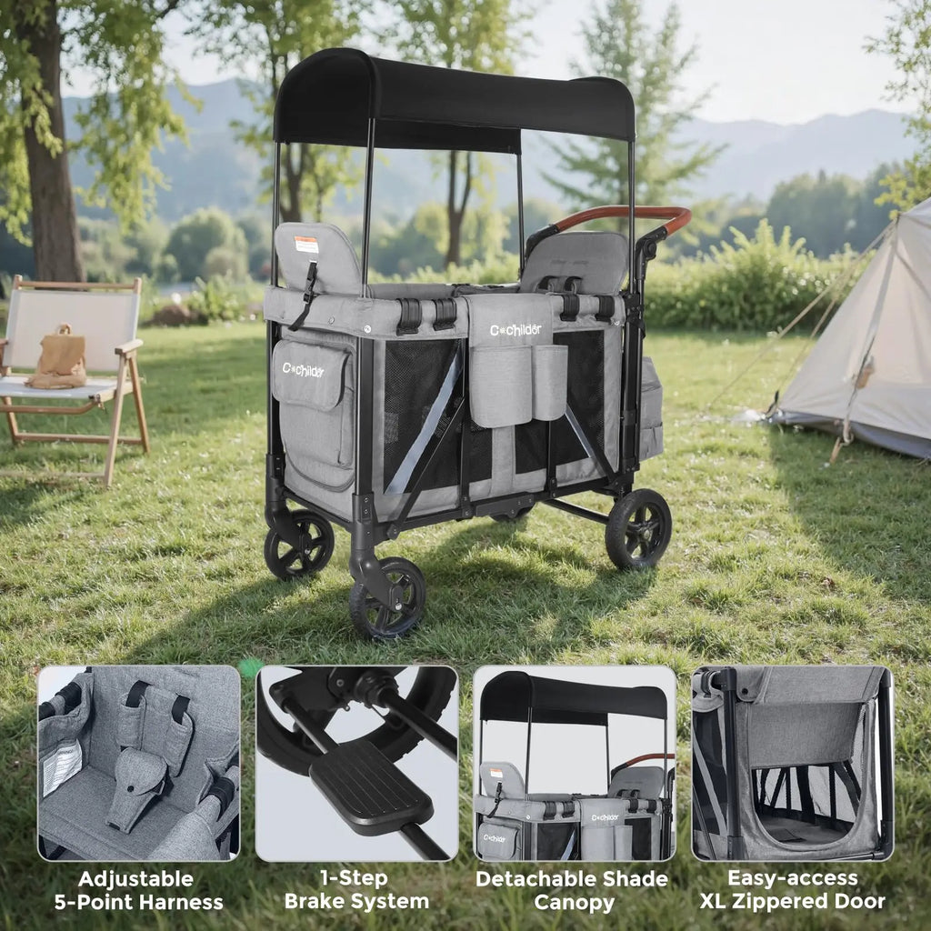 Foldable Two-Seater Baby Stroller with Detachable Sunshade & Storage