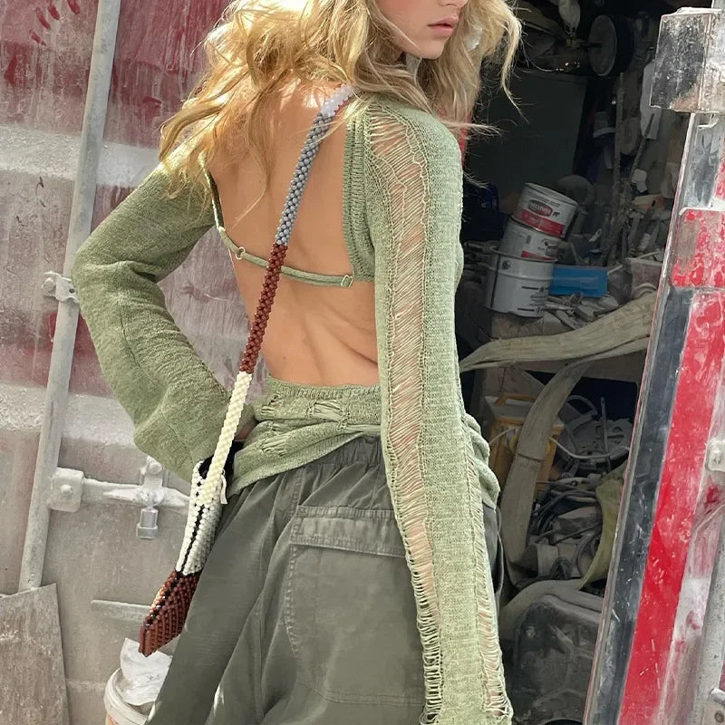 Crochet Long Sleeve Bodycon Dress Women Sexy Hollow Out Backless Knitted Mini Dress 90s Vintage Coquette Female Cocktail Vestido