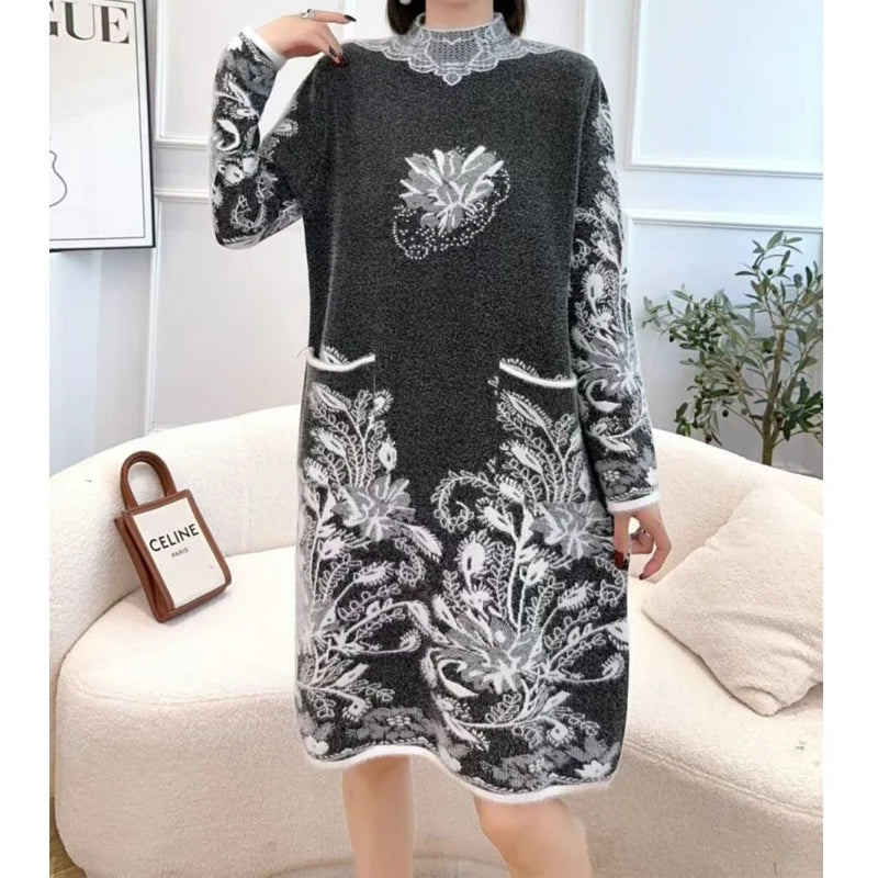 Autumn Winter Women Vintage Ethnic Style Flower Pockets Knitted Dresses Ladies Half High Collar Long Sleeve Loose Sweater Dress