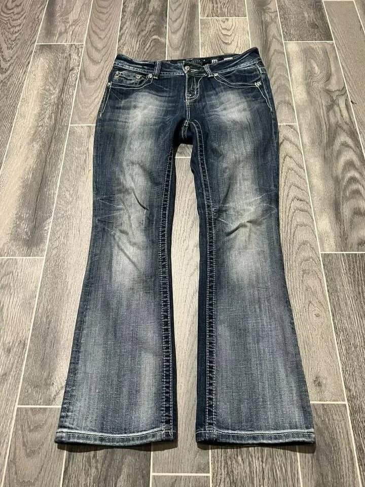 Blue Flared Jeans for Women Distressed Denim Bootcut Pants Tapered Casual Chic Vintage Style Everyday Wear with Decor Details