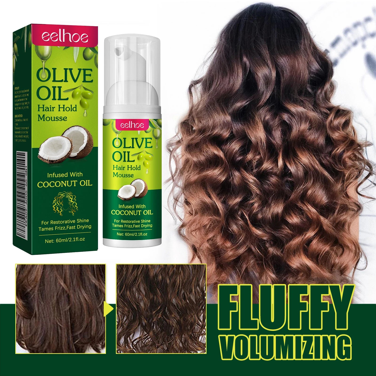 EELHOE Olive Oil Hair Hold Mousse — Anti-Frizz, Curl Defining & Nourishing Styling Foam (60 ml)
