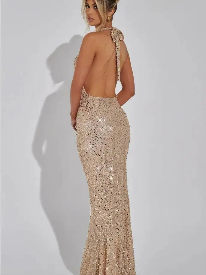 Giyu Sexy Glitter Sparkle Sequined Club Evening Party Dresses Women 2025 Summer Autumn Halter Backless Bodycon Maxi Long Dress