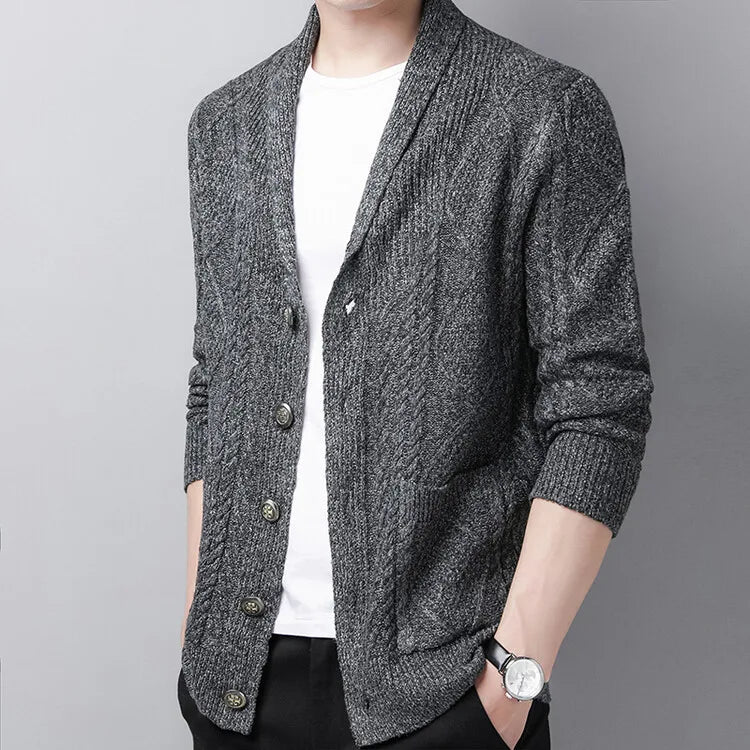 New Men's Knitted Cardigan, Youth Lapels Long Sleeve Coat, Men's Sweater Casual, Camel Black Gray Warm Sweater