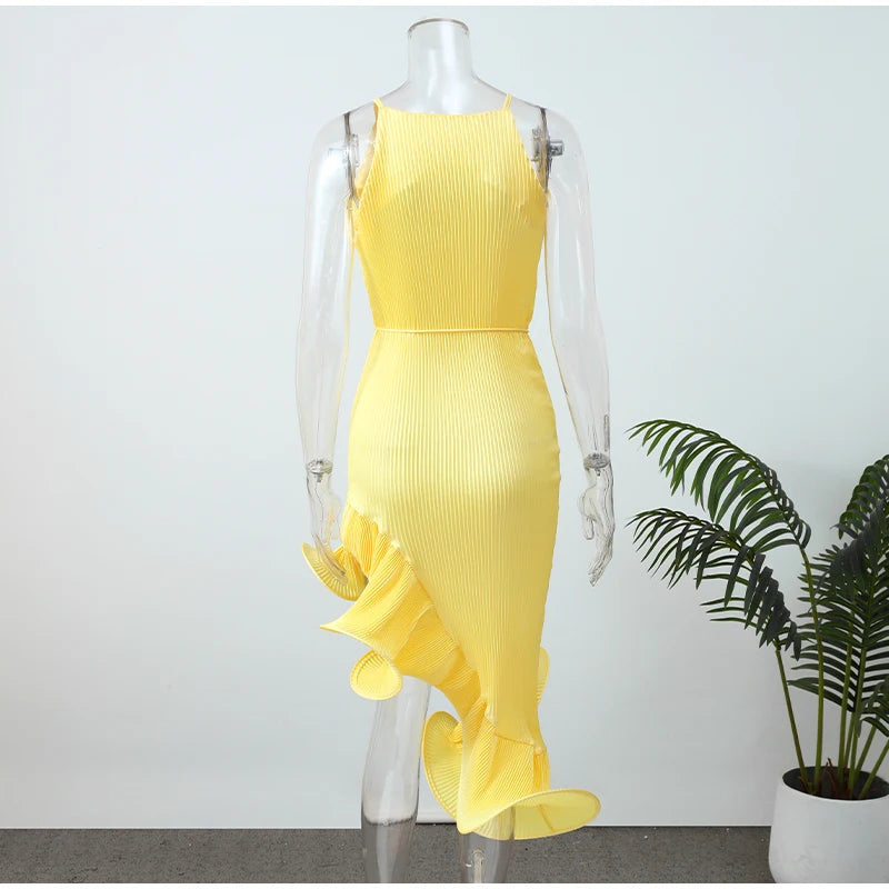 Women Romantic Yellow Halter Maxi Dress Ribbed Knit Ruffled High-slit Slim-fit Vestido 2026 Lady New Spring Trendy Fashion Robes