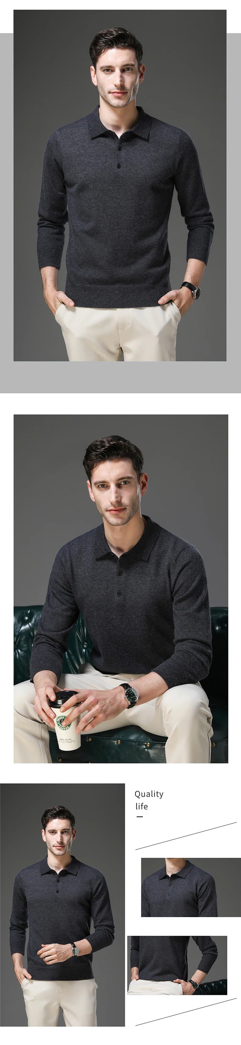 Top Grade Anti-Pilling New Fashion Men Knit Pullover Turndown Collar Autum Winter Slim Fit Warm Sweater Business Casual Jumper