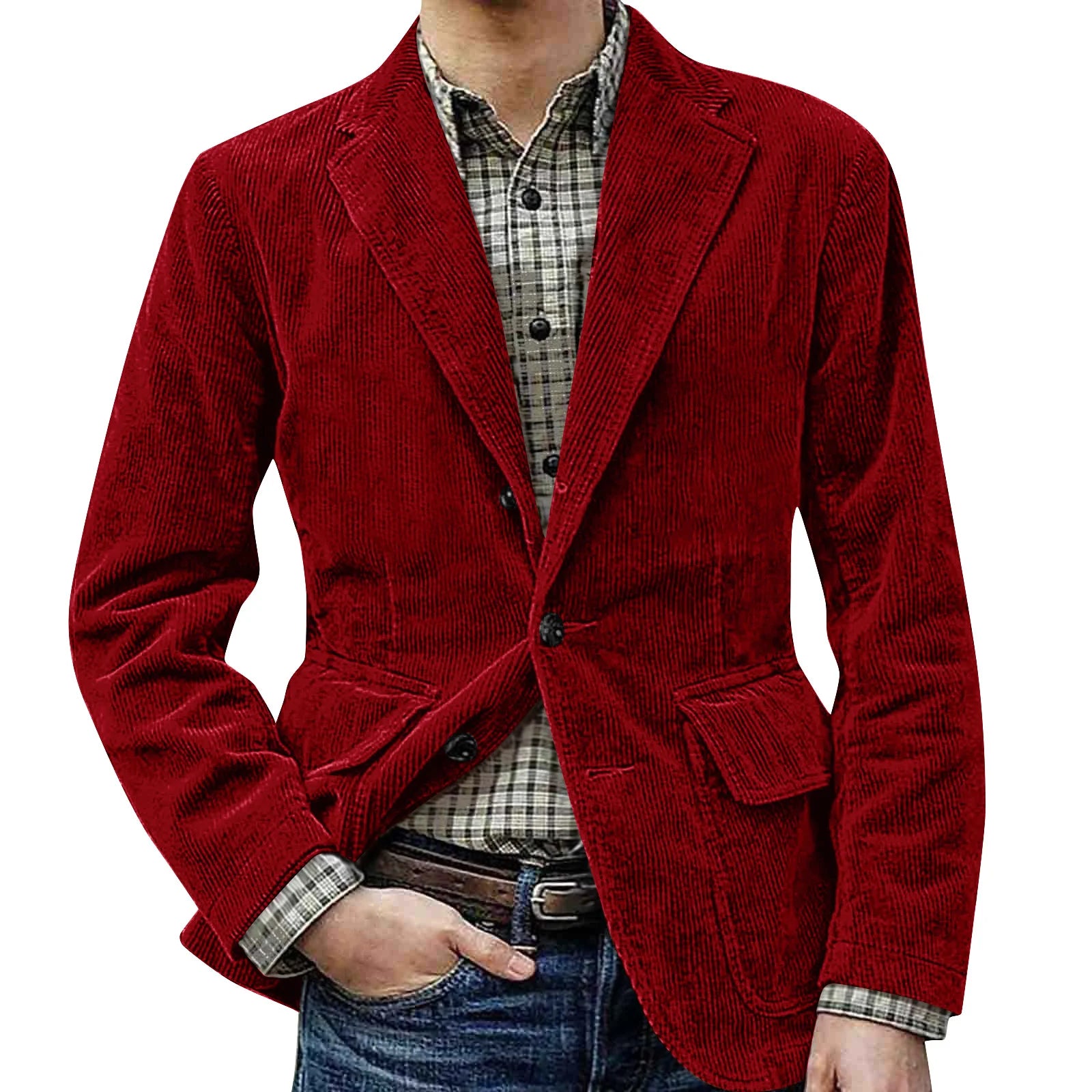 Corduroy Warm Pocket Suit Jacket Men'S Solid Color Cardigan Casual Suit Winter Fashion Single-Breasted Warm Top Jacket