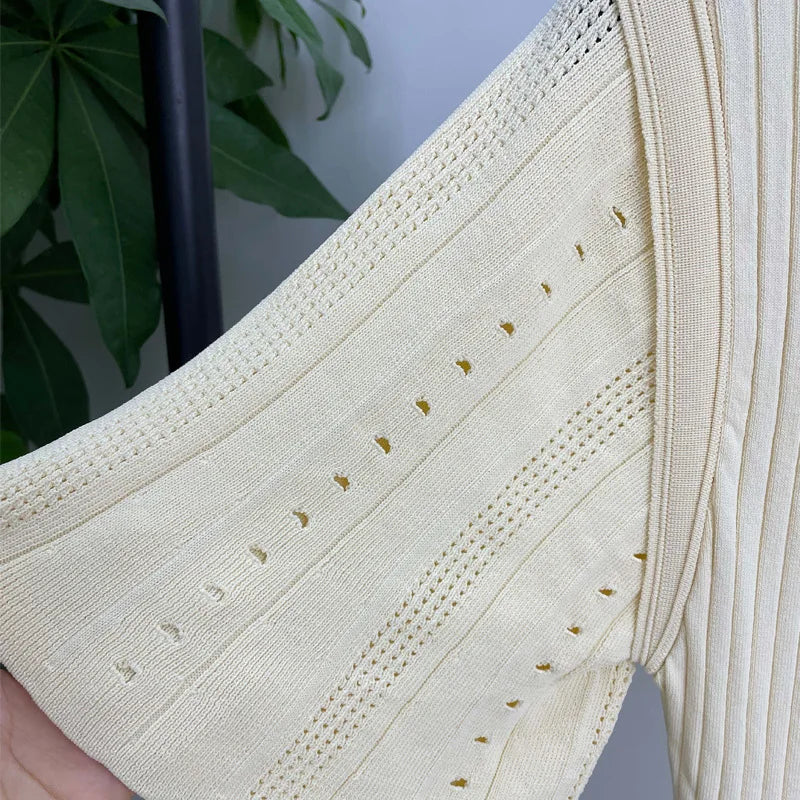 Summer-style fashionable openwork French slimming A-line short-sleeved knitted dress, fishtail long dress for women