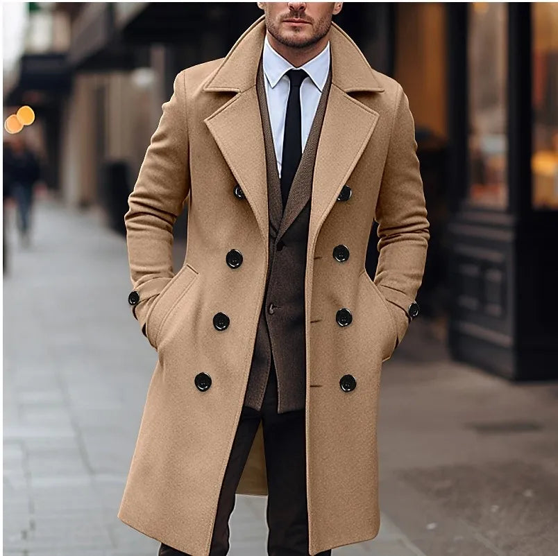 Autumn and Winter Men's Woolen Coat with Double Row Buttons Lapel Long Sleeve Solid Color Windbreaker Pockets Double Breasted