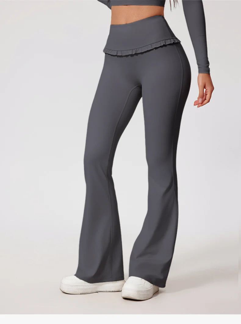FrillFlow™ 2-Piece Yoga Set — Tummy-Control Flare Pants & Long-Sleeve Top