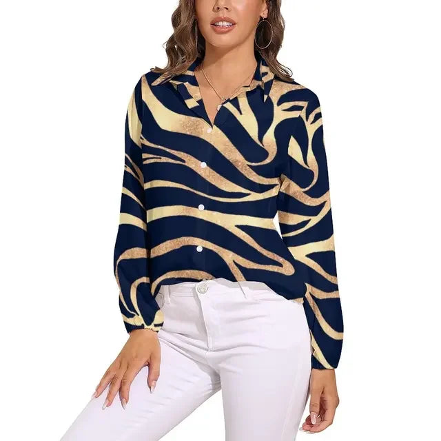 Green Zebra Stripes Blouse Woman Animal Print Casual Loose Blouses Long Sleeve Kawaii Shirts Graphic Top Big Size 2XL 3XL