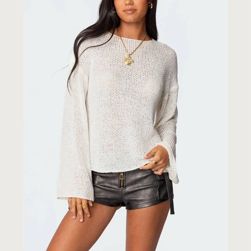 Women’s Y2K Sheer Knit Sweater – Oversized Striped Pullover