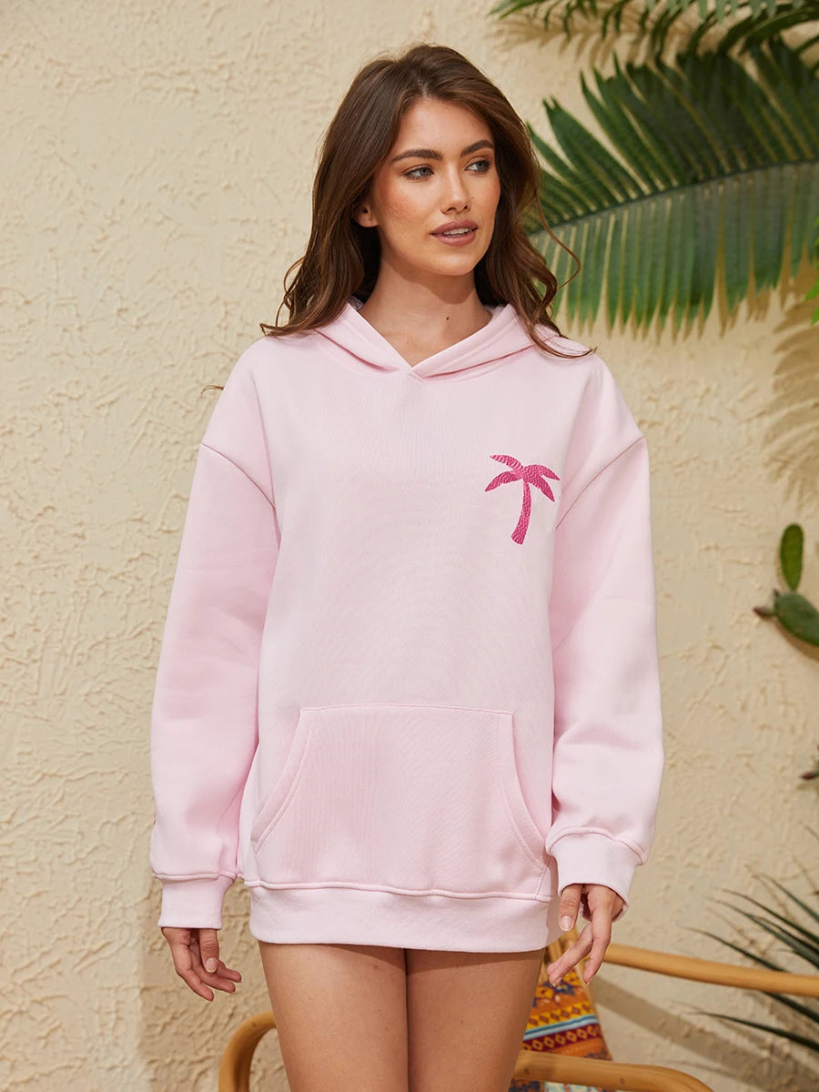 Women’s Coconut Tree Embroidered Hoodie – Loose Waffle-Knit Pullover