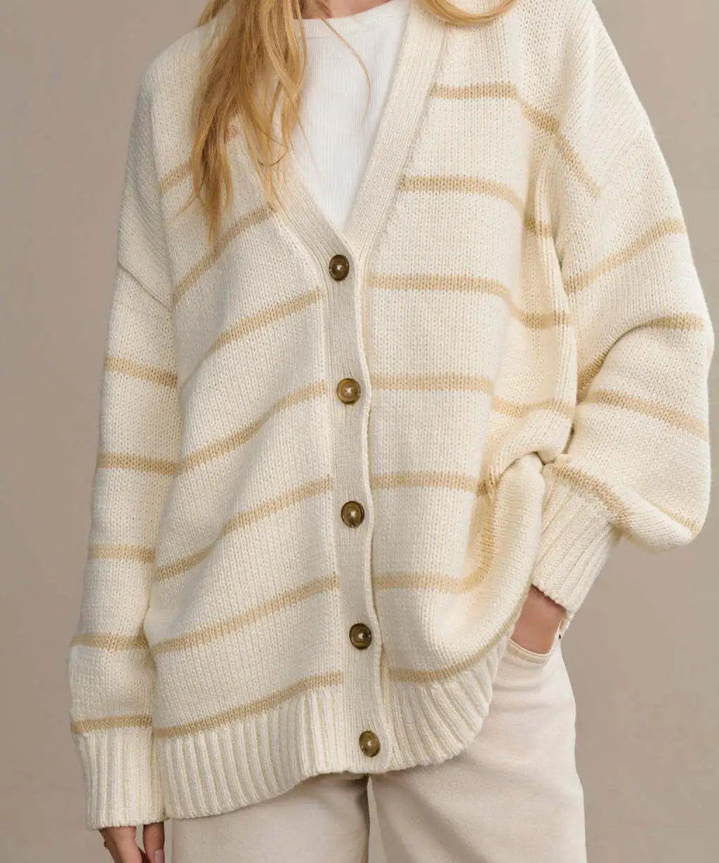 Cozy Autumn Striped Knit Cardigan – V-Neck Button-Up Sweater for Effortless Style
