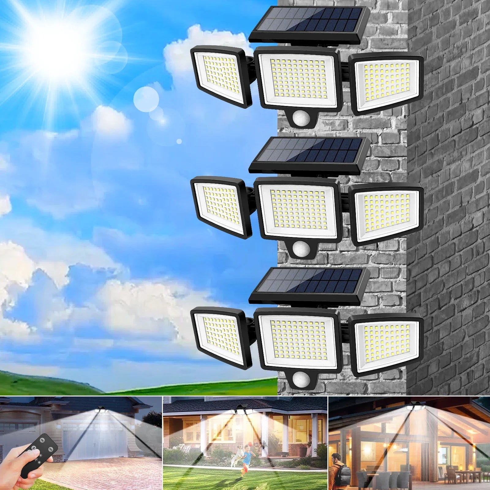 SZRSTH 3-Head Solar Motion Sensor Light | Remote Control, 3 Modes
