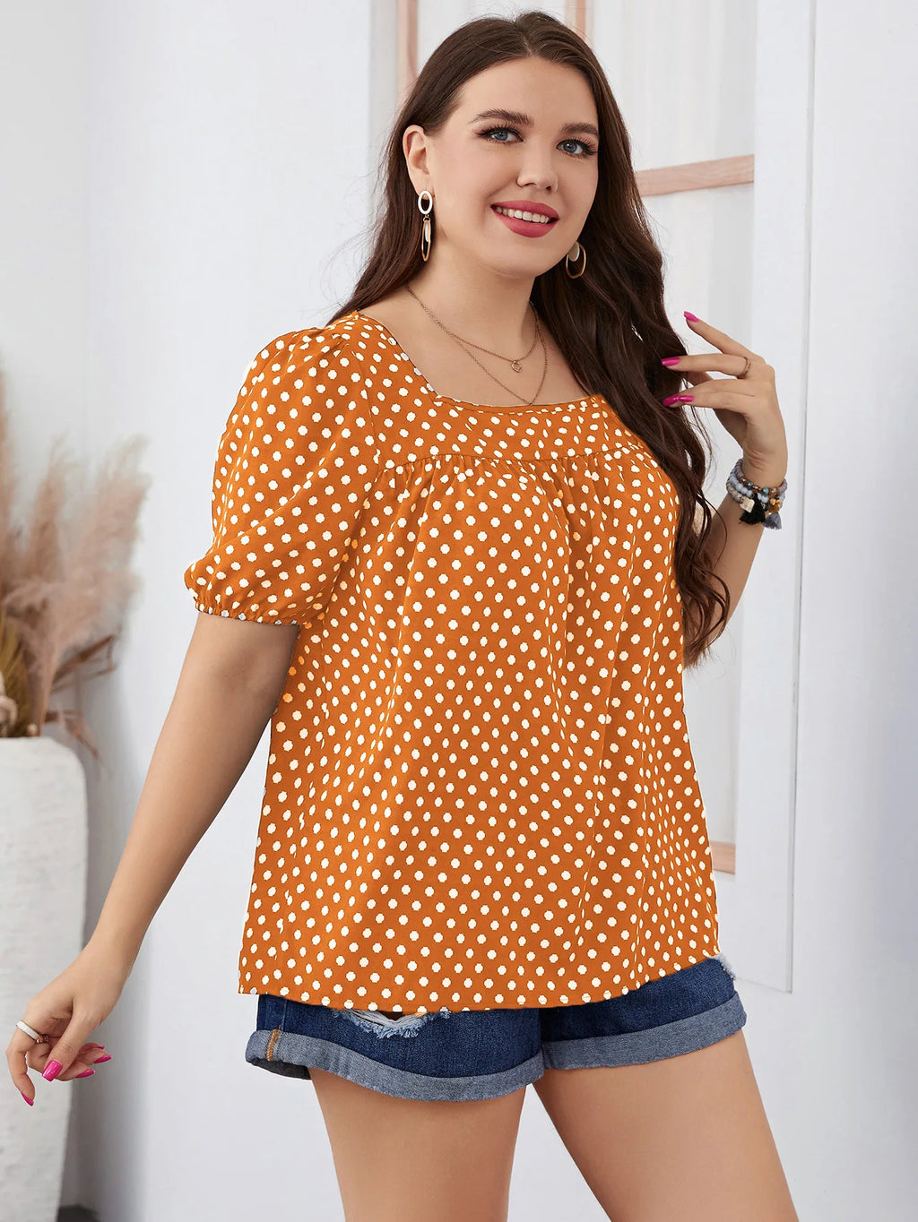 FairyShely Plus Size Square Collar Summer Top – Elegant Short Sleeve Casual T-Shirt for Women