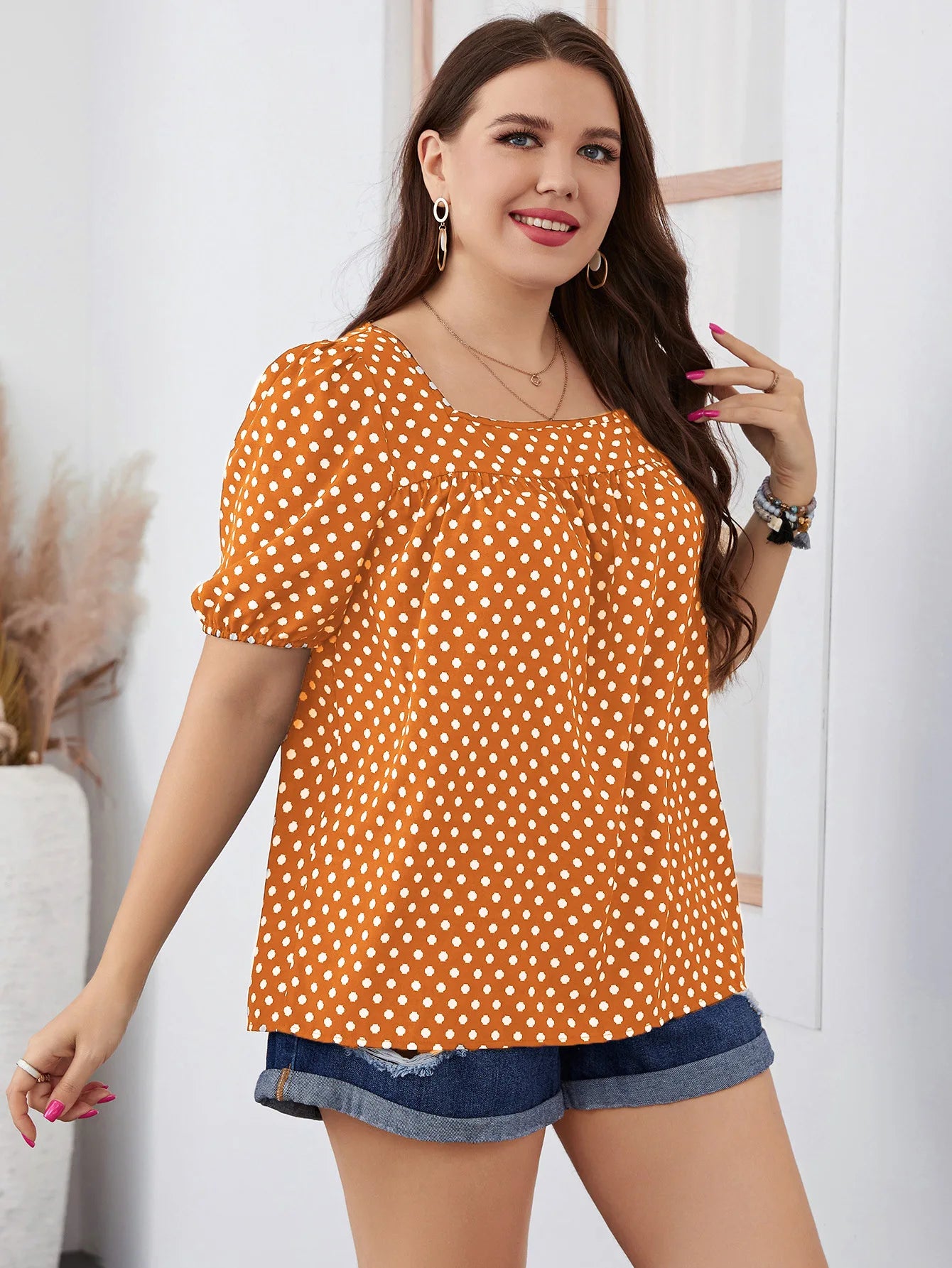 FairyShely Plus Size Square Collar Summer Top – Elegant Short Sleeve Casual T-Shirt for Women