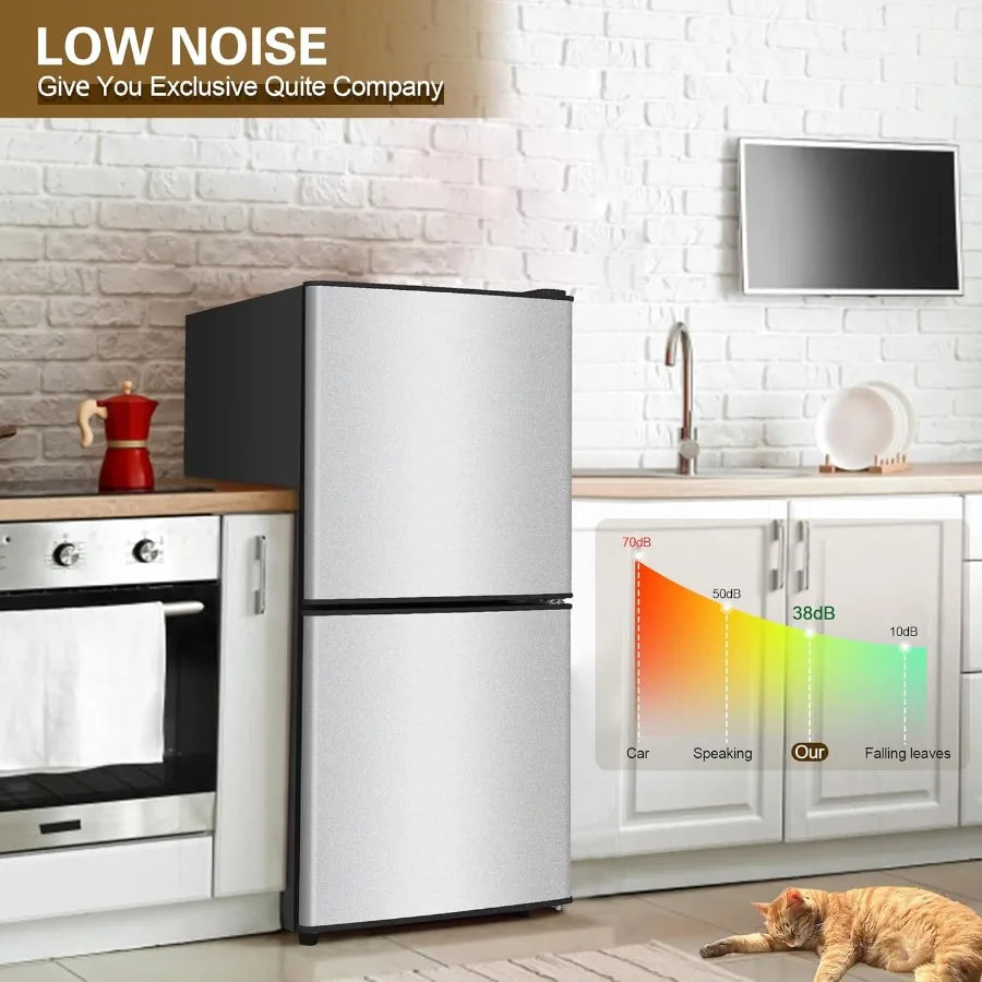 Compact 4.2 Cu. Ft. 2-Door Refrigerator with Freezer Featuring Adjustable 7-Level Thermostat for Efficient Cooling in Small Spa